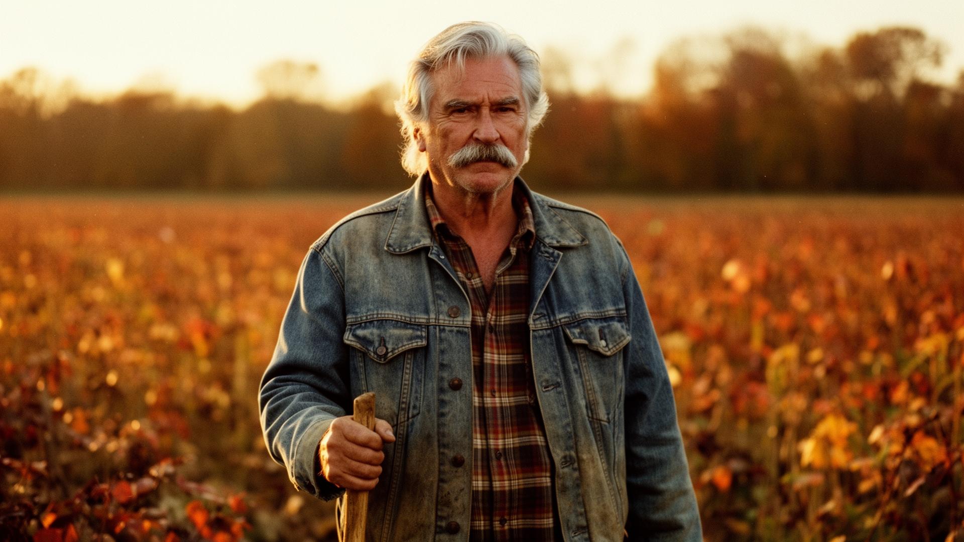 Dominick standing in his autumn field at golden hour